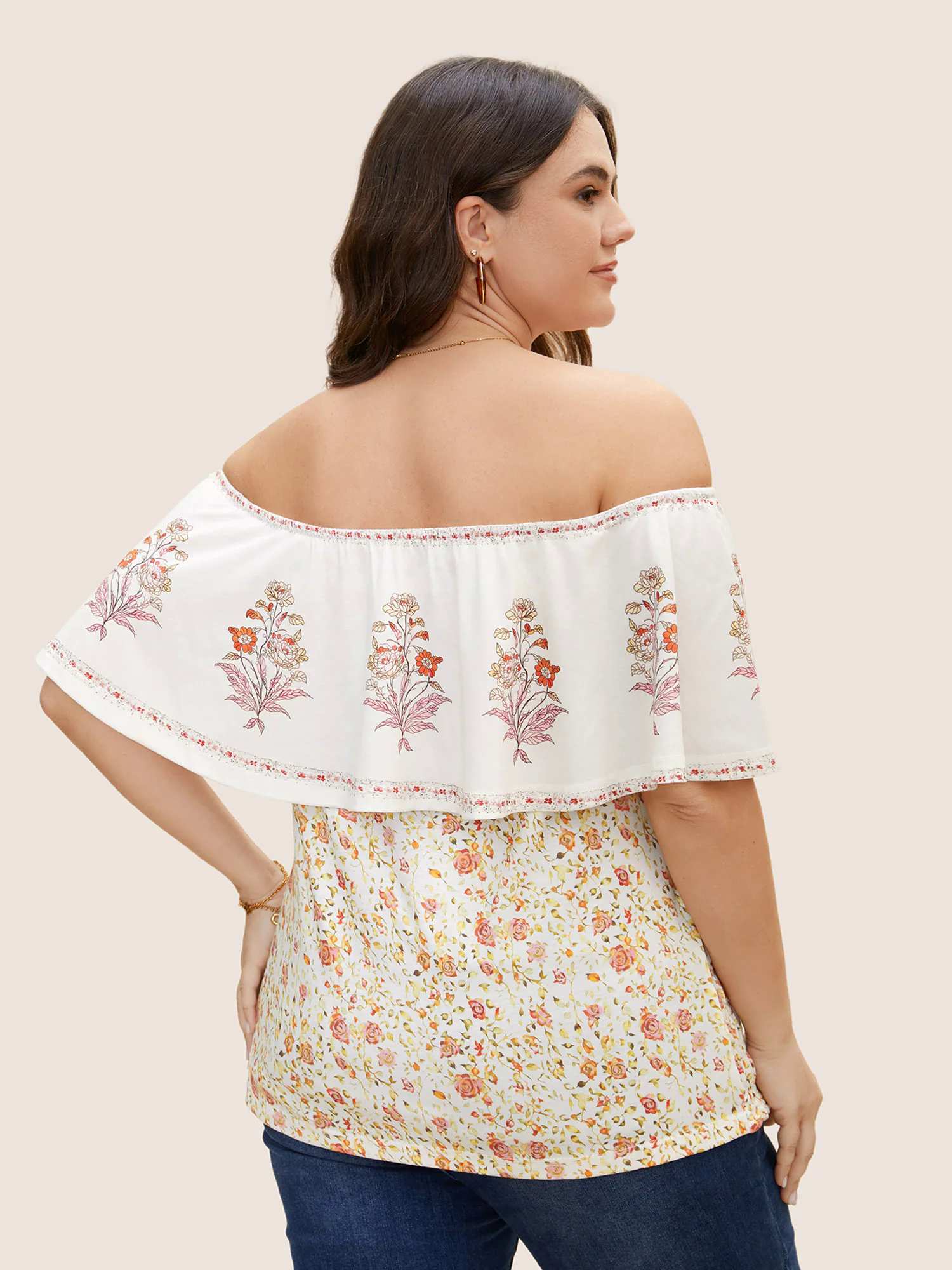 Cold Shoulder Boho Print Shirred T-shirt Cold Shoulder Boho Print Shirred T-shirt