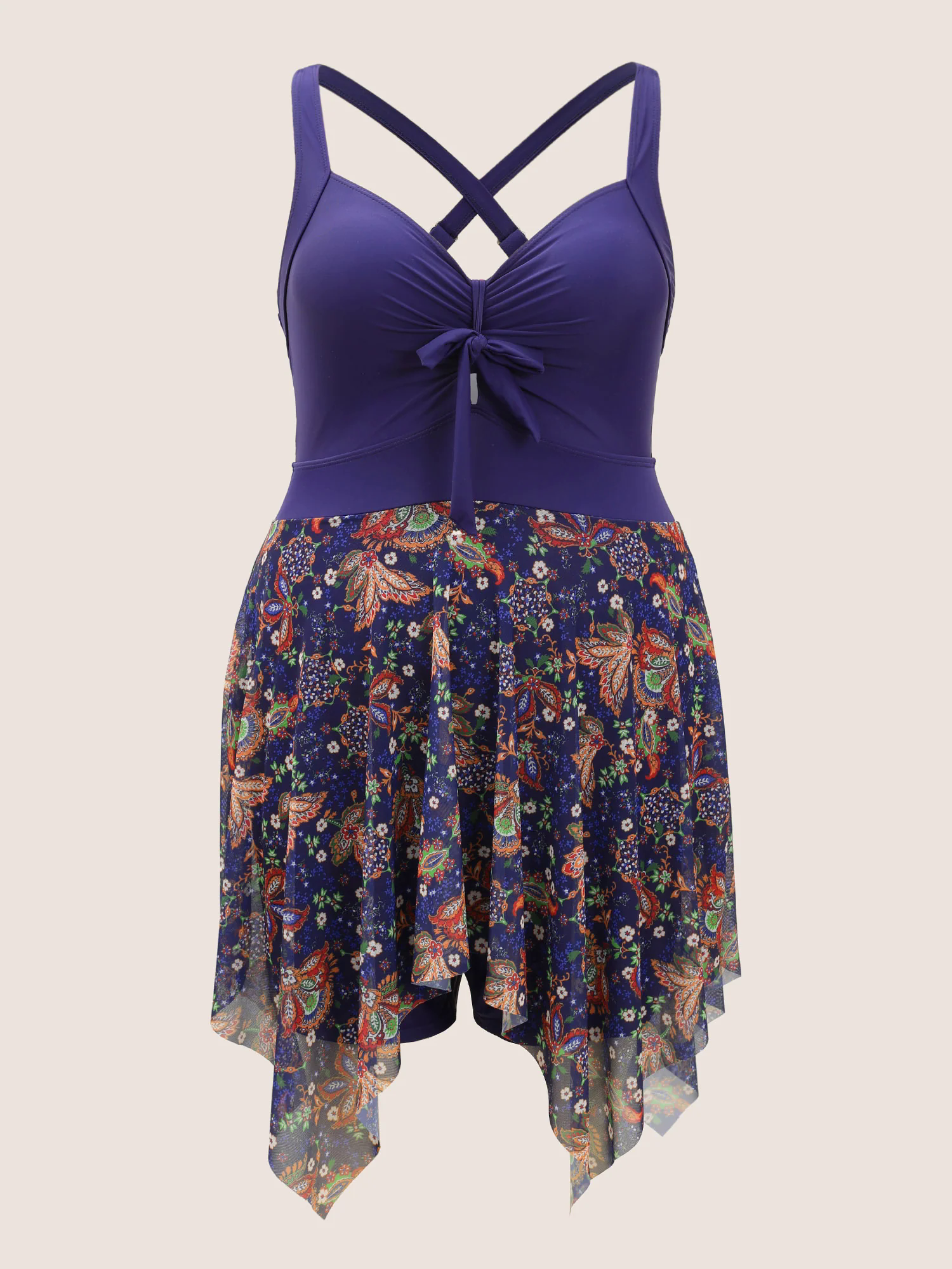 Patchwork Ruched Knot Asymmetrical Hem Swim Dress Patchwork Ruched Knot Asymmetrical Hem Swim Dress