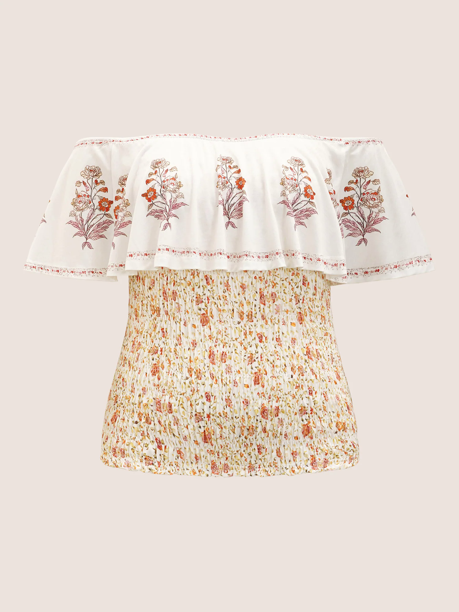 Cold Shoulder Boho Print Shirred T-shirt Cold Shoulder Boho Print Shirred T-shirt