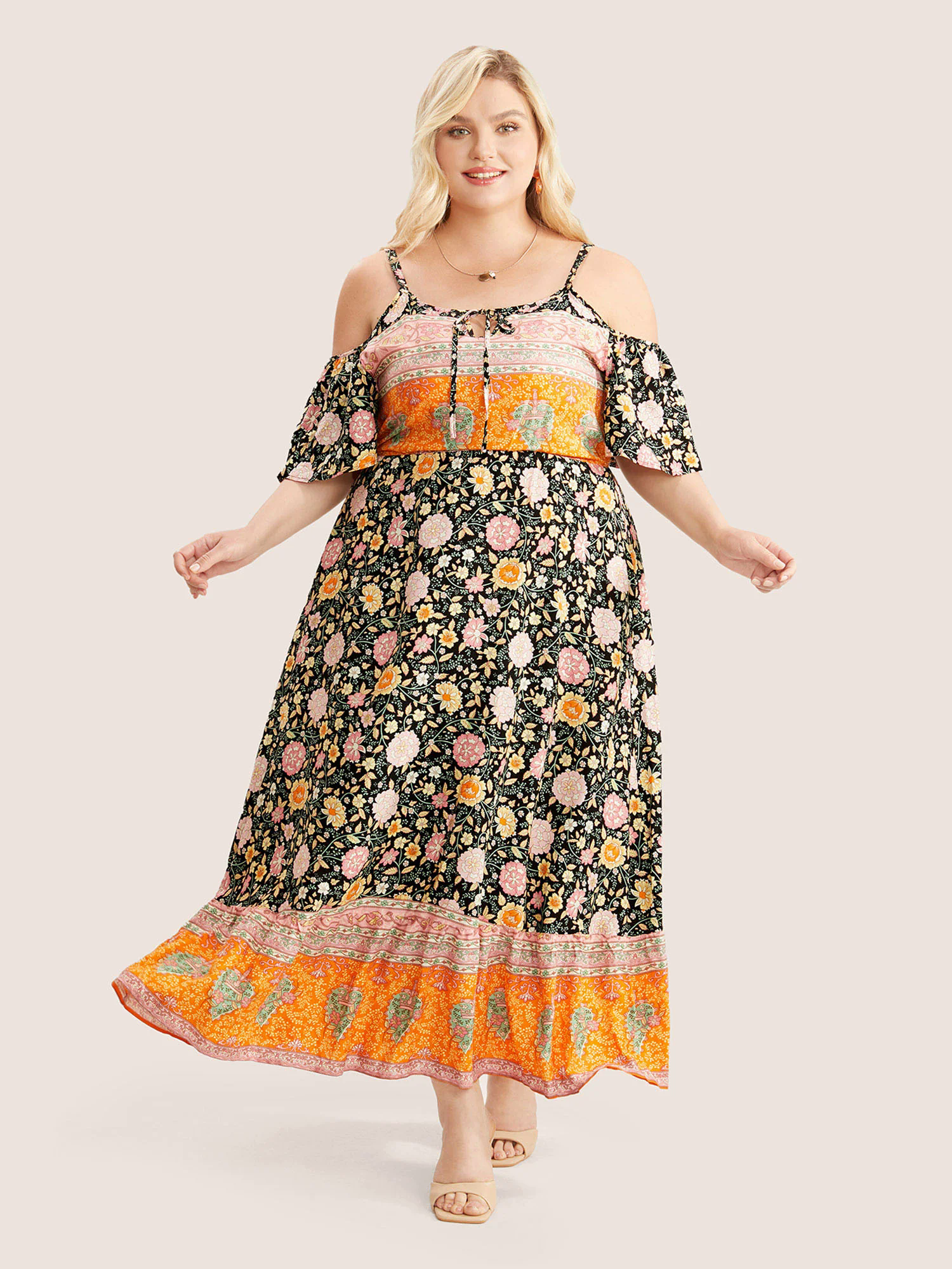 Floral Print Pocket Keyhole Ruffles Cold Shoulder Maxi Dress Floral Print Pocket Keyhole Ruffles Cold Shoulder Maxi Dress