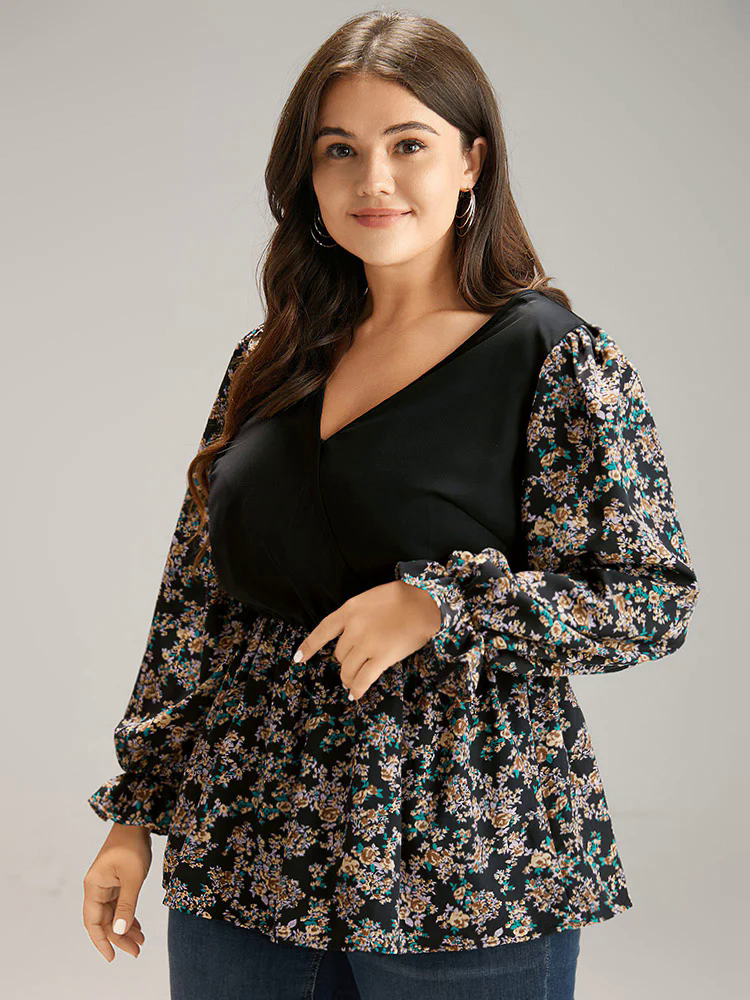 Ditsy Floral Patchwork Elastic Waist Blouse Ditsy Floral Patchwork Elastic Waist Blouse
