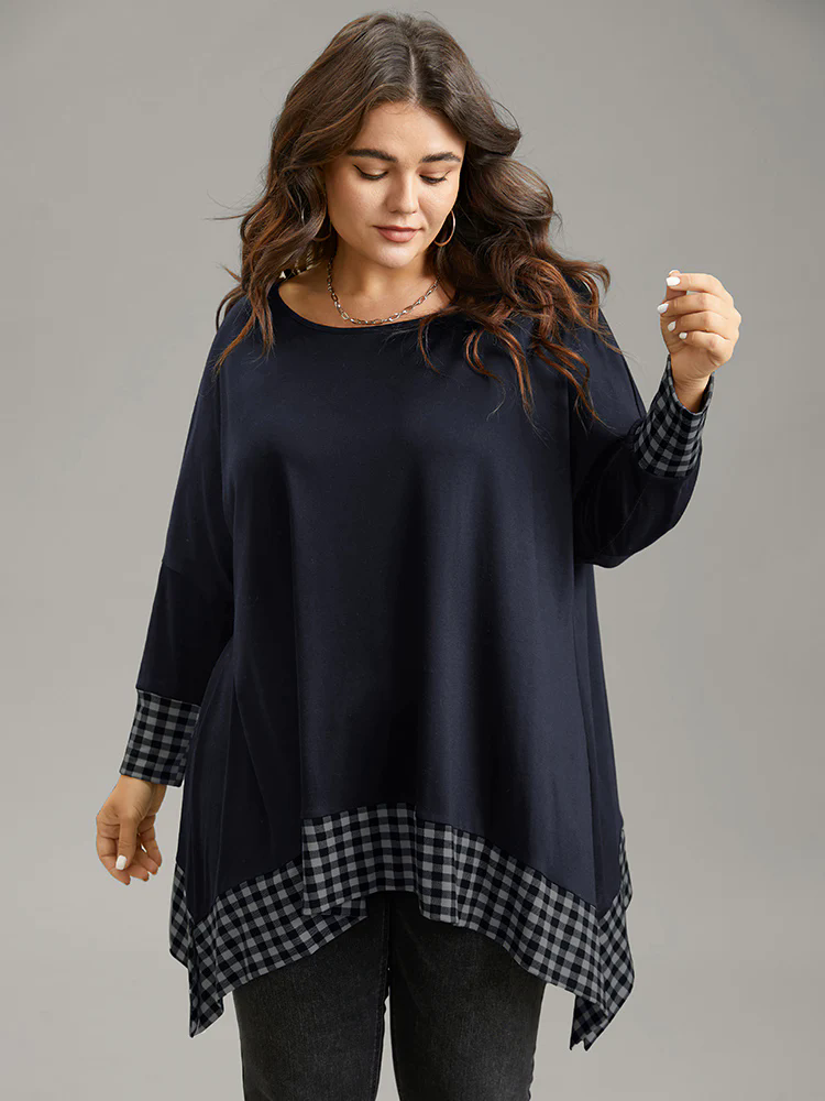 Plaid Patchwork Hanky Hem T-shirt Plaid Patchwork Hanky Hem T-shirt
