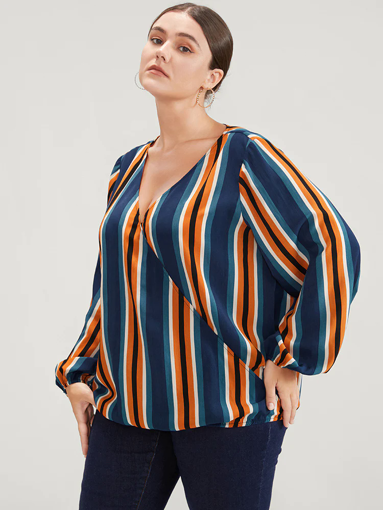 Striped Lantern Sleeve Wrap Blouse Striped Lantern Sleeve Wrap Blouse