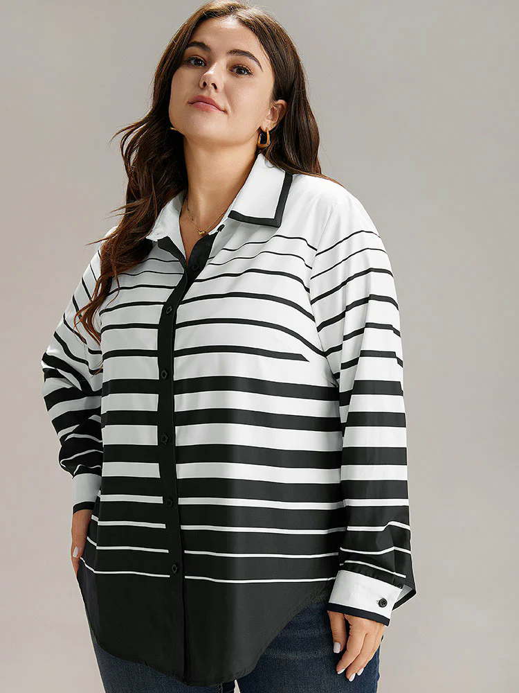 Striped Button Through Curved Hem Blouse