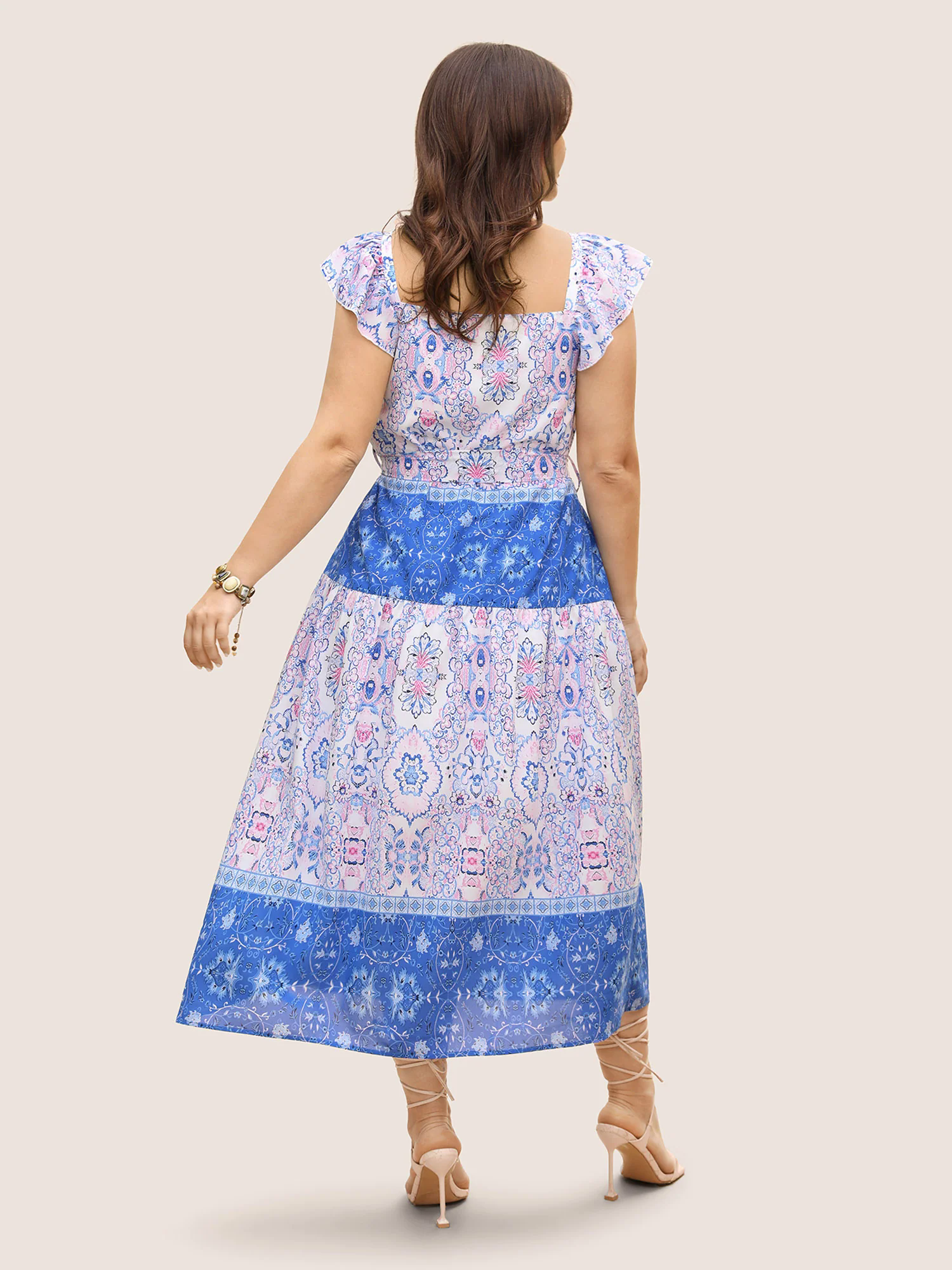 Boho Print Ruffle Sleeve Belted Midi Dress Boho Print Ruffle Sleeve Belted Midi Dress