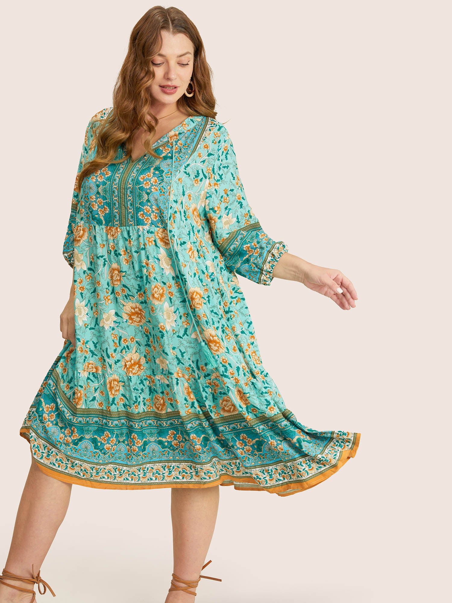 Bandana Tassels Lantern Sleeve Ruffle Pocket Keyhole Neck Dress Bandana Tassels Lantern Sleeve Ruffle Pocket Keyhole Neck Dress
