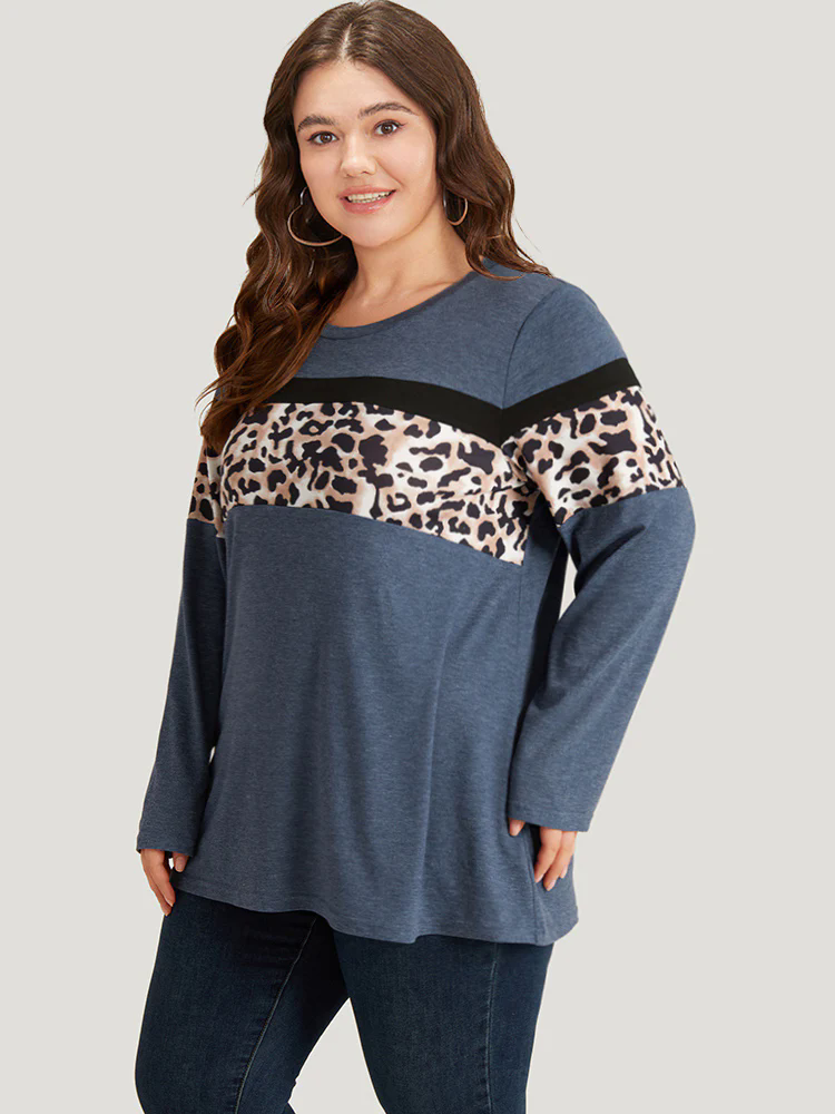 Leopard Heather Patchwork Crew Neck T-shirt Leopard Heather Patchwork Crew Neck T-shirt