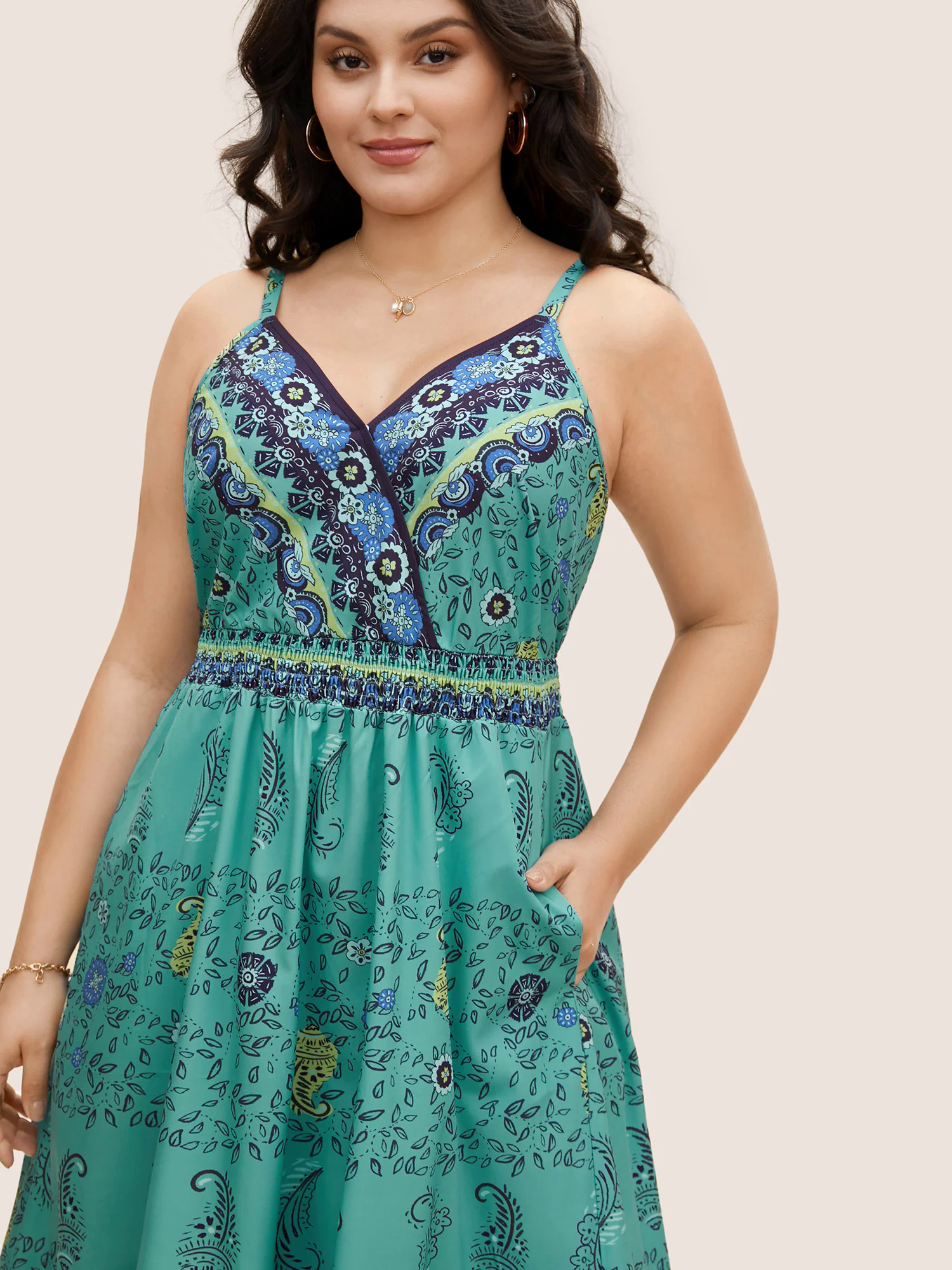 Paisley Print Overlap Collar Shirred Cami Dress Paisley Print Overlap Collar Shirred Cami Dress