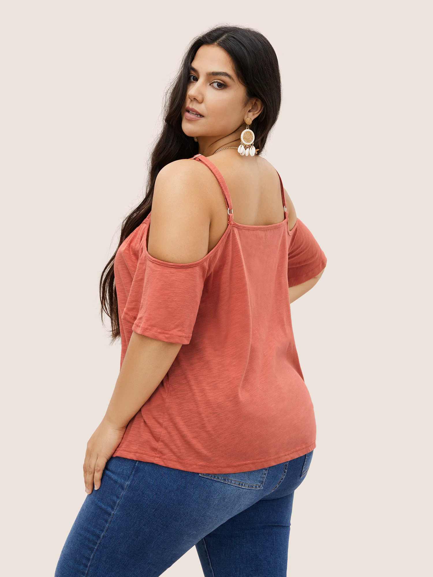 Plain Cold Shoulder Adjustable Straps Lace Panel T-shirt Plain Cold Shoulder Adjustable Straps Lace Panel T-shirt