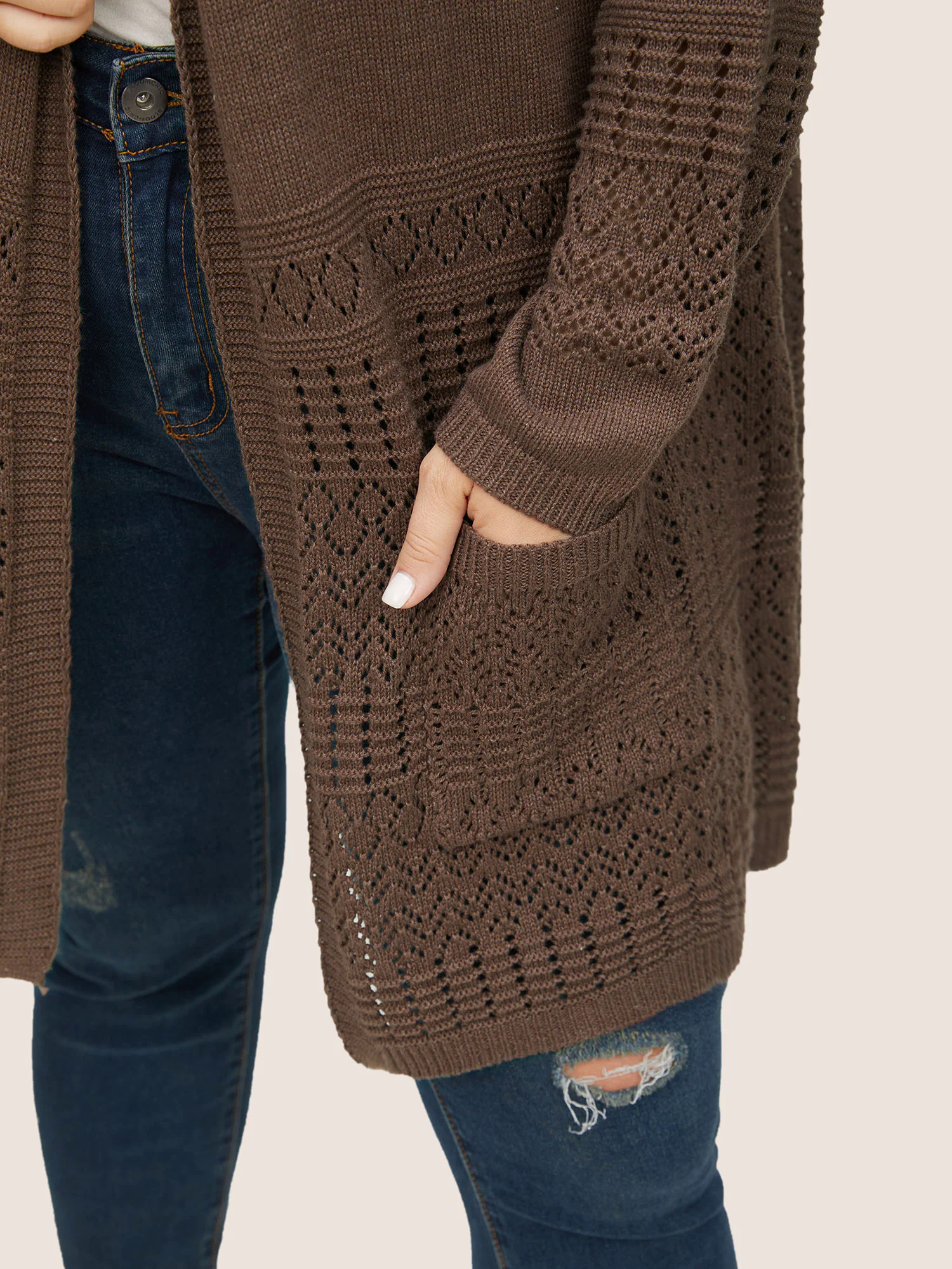 Solid Geometric Hollow Out Pocket Cardigan Solid Geometric Hollow Out Pocket Cardigan