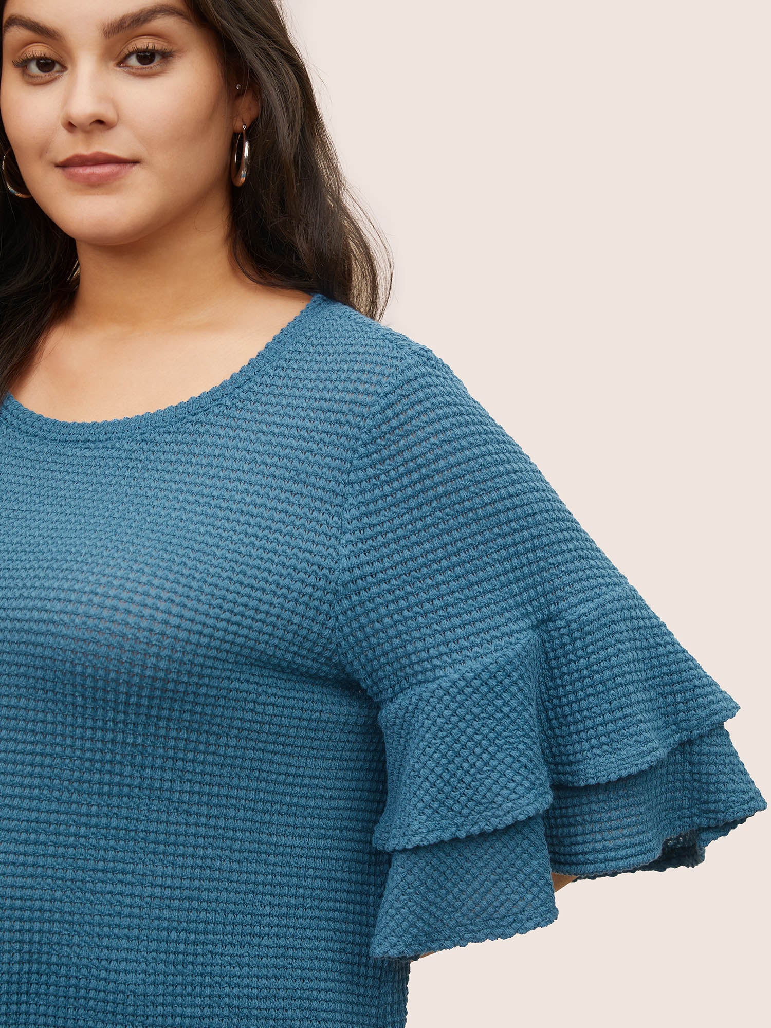 Solid Waffle Knit Tiered Flutter Sleeve T-shirt