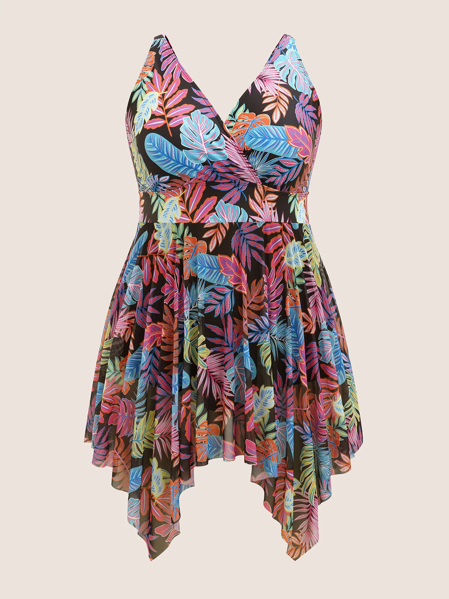 Tropical Print Overlap Collar Hanky Hem Swim Dress Tropical Print Overlap Collar Hanky Hem Swim Dress