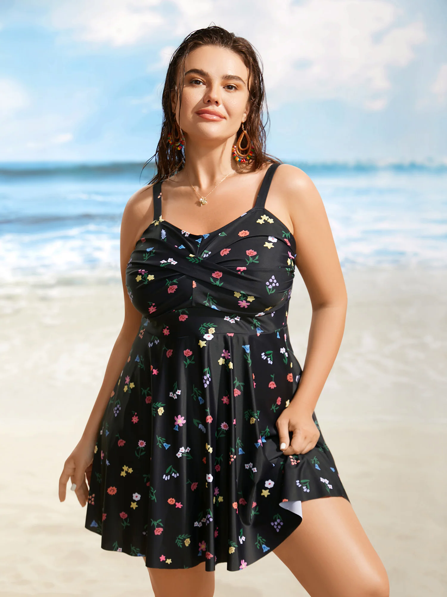 Heart Neckline Floral Twist Front Swim Dress