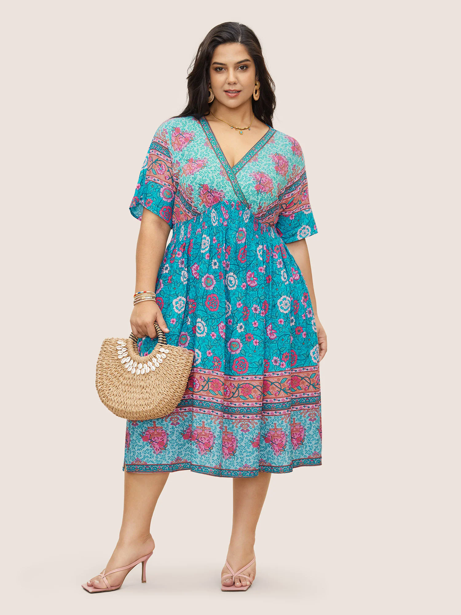 Floral Dolman Sleeve Ruffles Shirred Split Hem Dress Floral Dolman Sleeve Ruffles Shirred Split Hem Dress