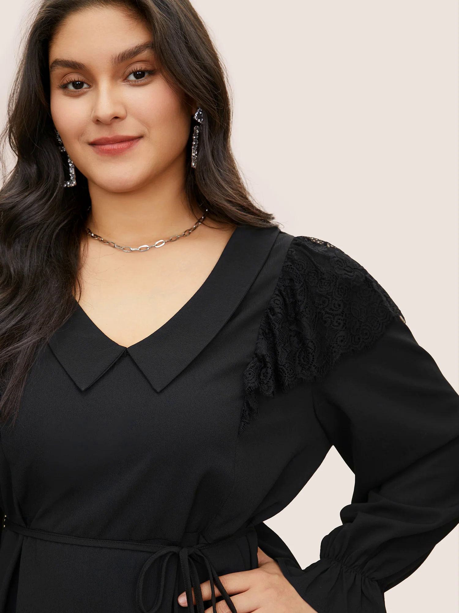 Solid Lace Panel Ties Patchwork Ruffles Blouse Solid Lace Panel Ties Patchwork Ruffles Blouse