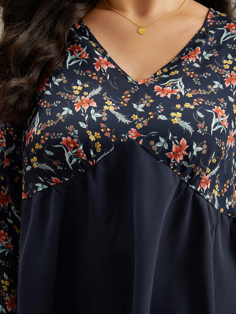 Floral Print Patchwork Pleated Blouse Floral Print Patchwork Pleated Blouse