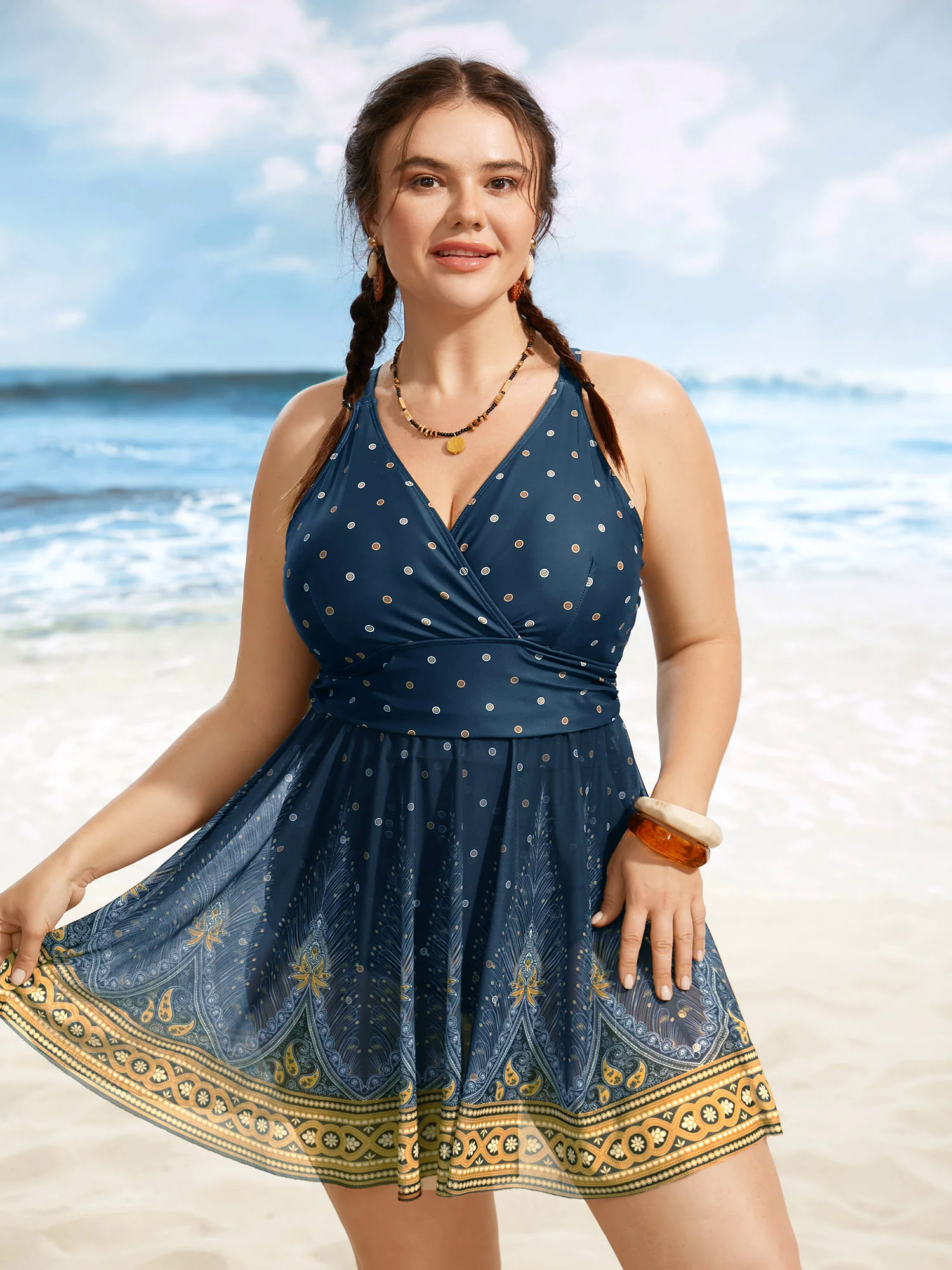 Boho Print Overlap Collar Mesh Crisscross Swim Dress Boho Print Overlap Collar Mesh Crisscross Swim Dress