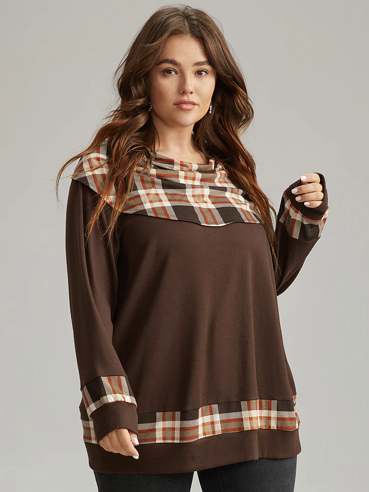 Halloween Plaid Patchwork Cowl Neck T-shirt