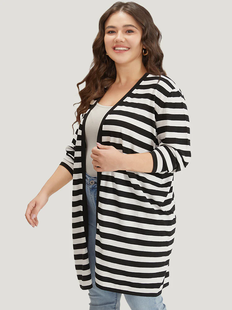 Striped Open Front Drop Shoulder Tunic Cardigan