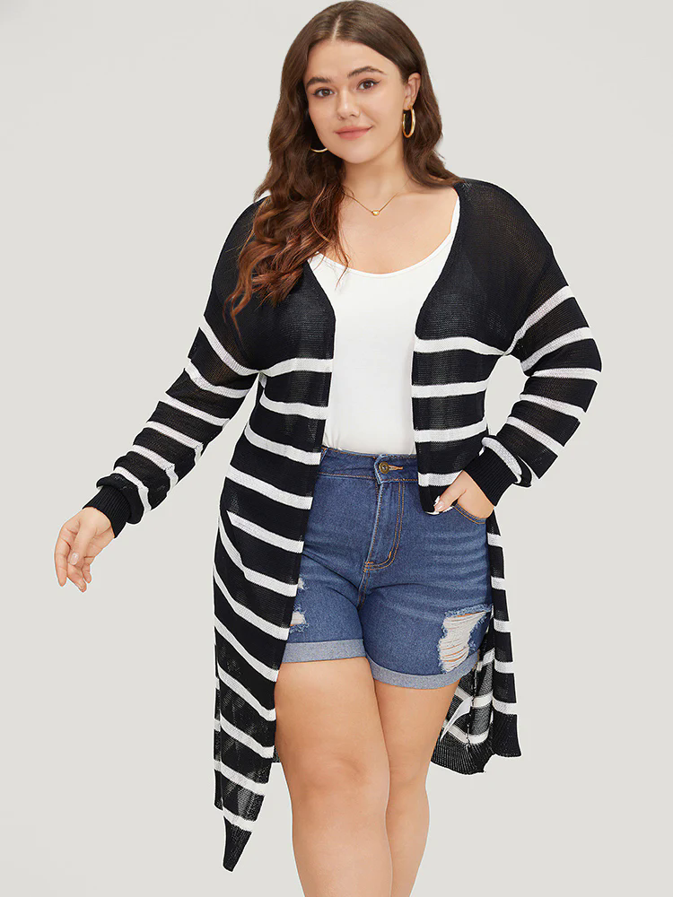 Striped Open Front Elastic Cuffs Drop Shoulder Cardigan