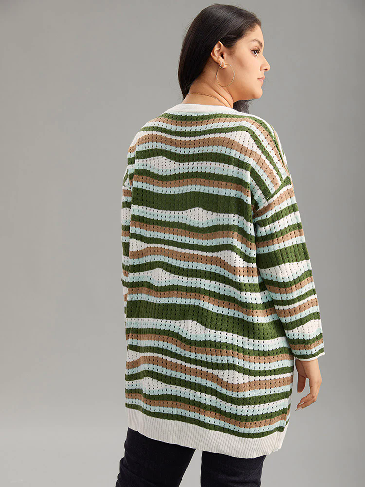Striped Contrast Button Up Hollow Out Cardigan Striped Contrast Button Up Hollow Out Cardigan