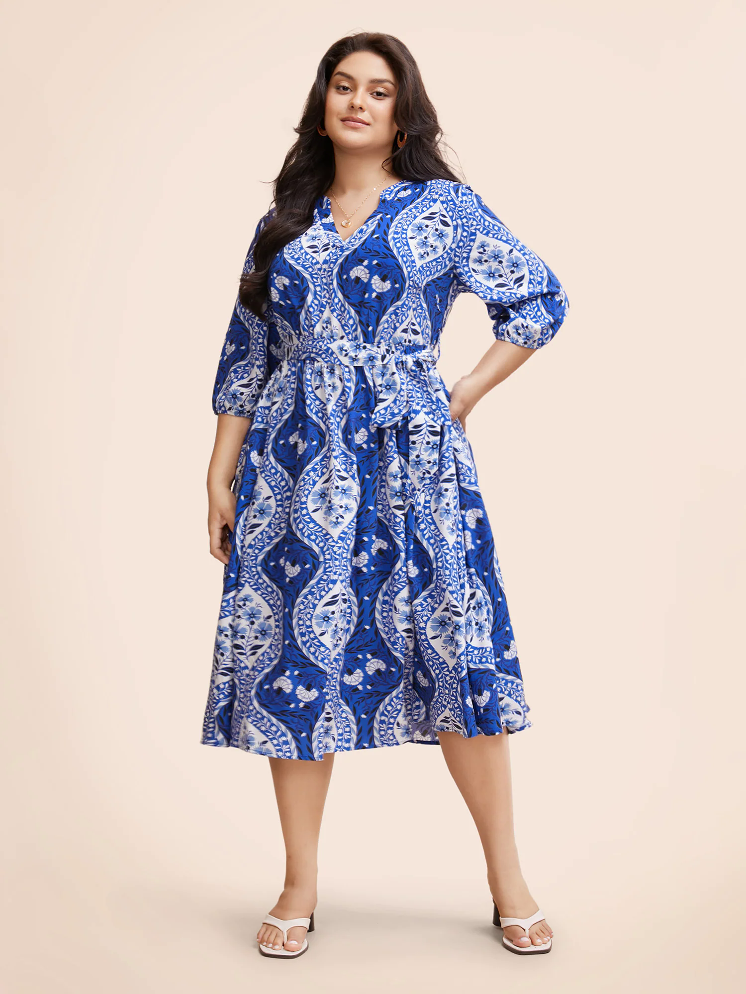 Boho Print Notched Collar Belted Gathered Dress Boho Print Notched Collar Belted Gathered Dress