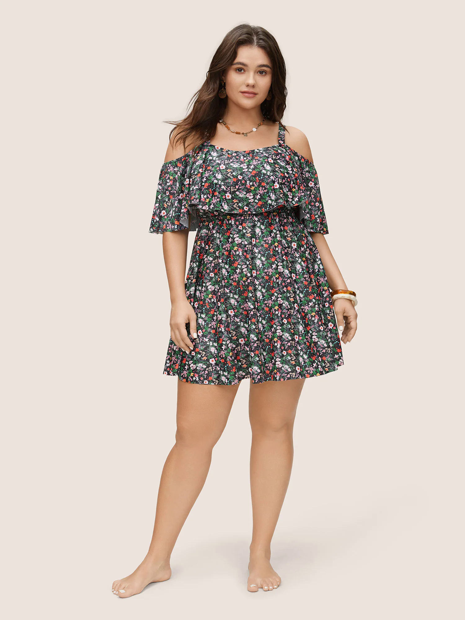 Ditsy Floral Ruffles Cold Shoulder Swim Dress Ditsy Floral Ruffles Cold Shoulder Swim Dress