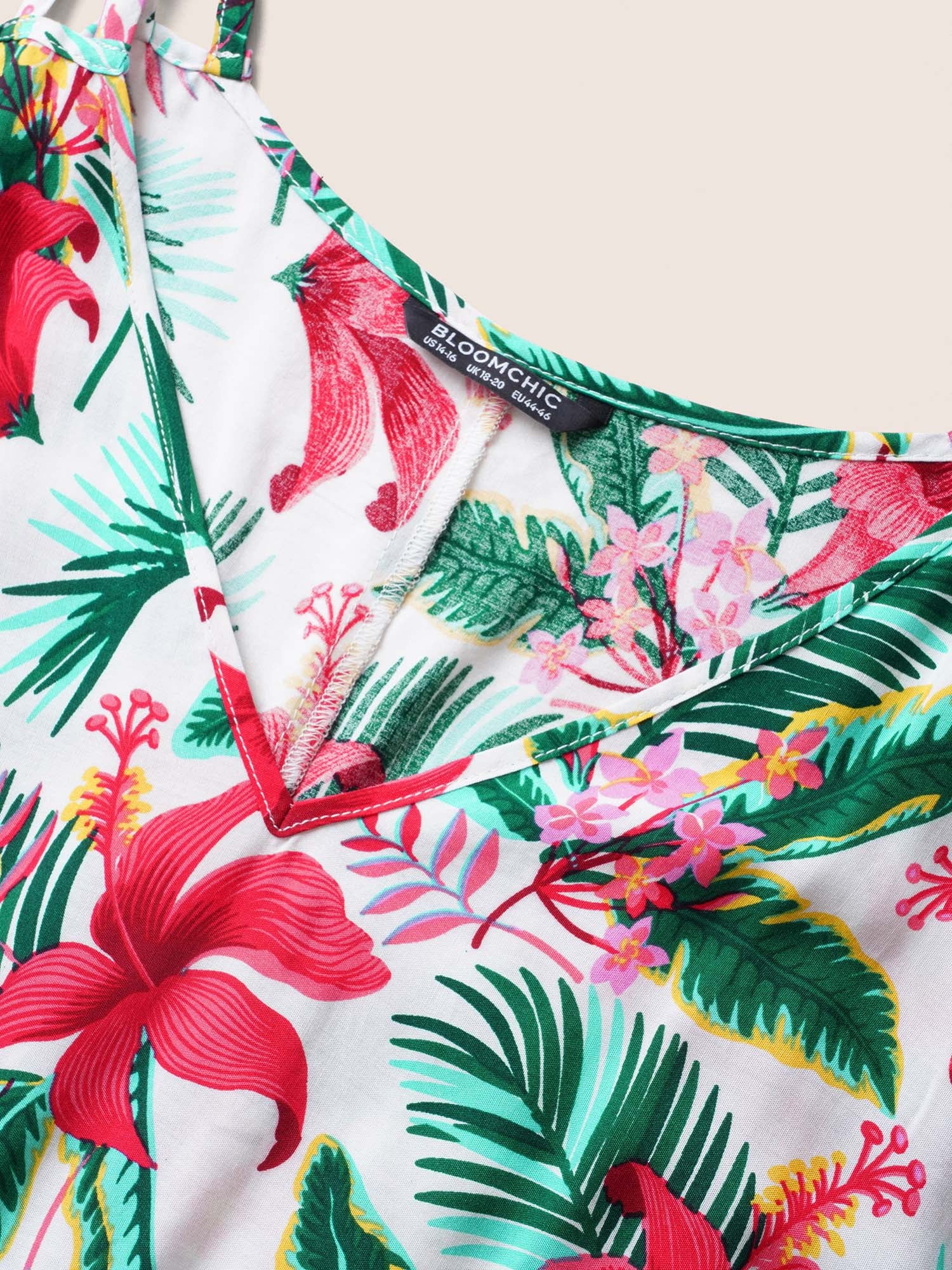 Tropical Print Elastic Waist Cold Shoulder Wrap Hem Blouse