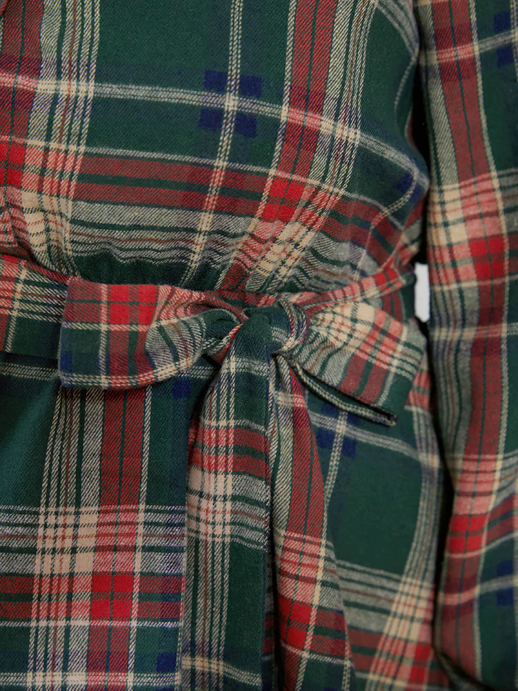 Plaid Shirt Collar Button Belted High Low Hem Blouse Plaid Shirt Collar Button Belted High Low Hem Blouse