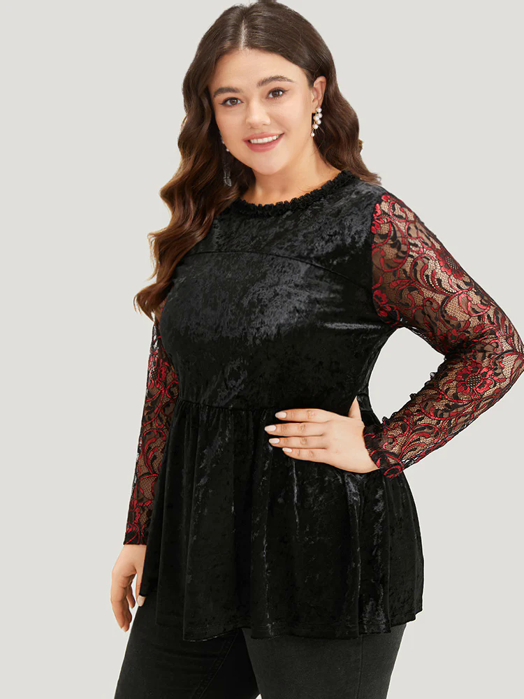 Halloween Lace Patchwork Contrast Cut Out Blouse Halloween Lace Patchwork Contrast Cut Out Blouse