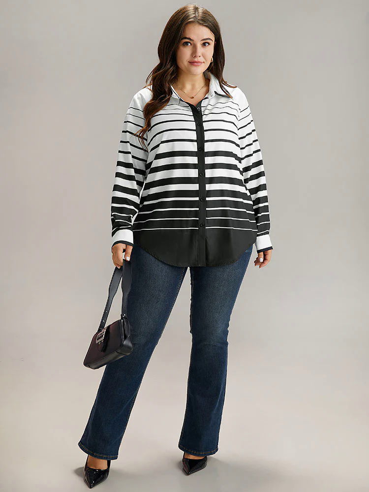Striped Button Through Curved Hem Blouse