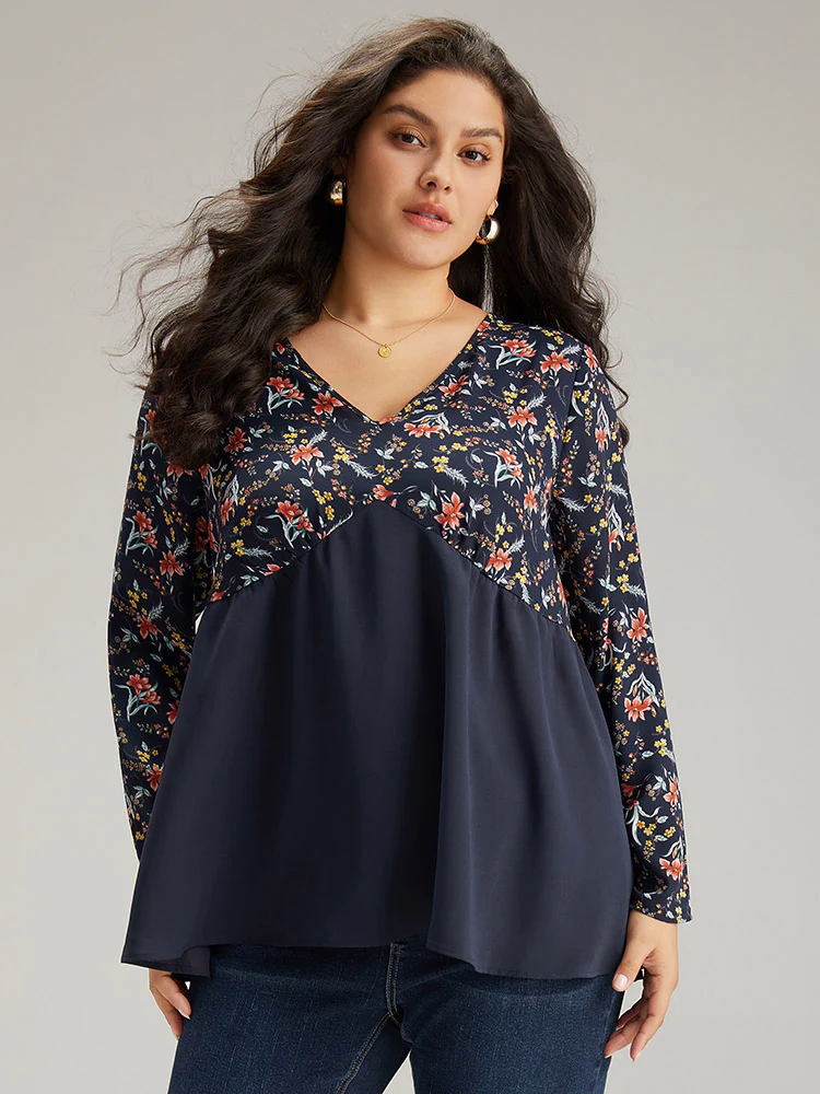 Floral Print Patchwork Pleated Blouse Floral Print Patchwork Pleated Blouse