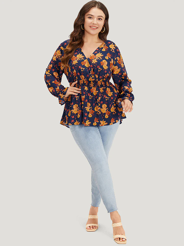 Floral Print Wrap Shirred Lantern Sleeve Blouse Floral Print Wrap Shirred Lantern Sleeve Blouse