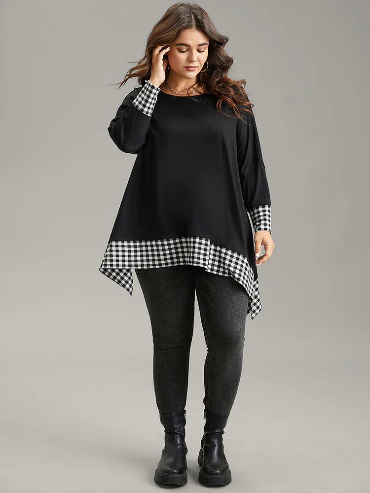 Plaid Patchwork Hanky Hem T-shirt Plaid Patchwork Hanky Hem T-shirt