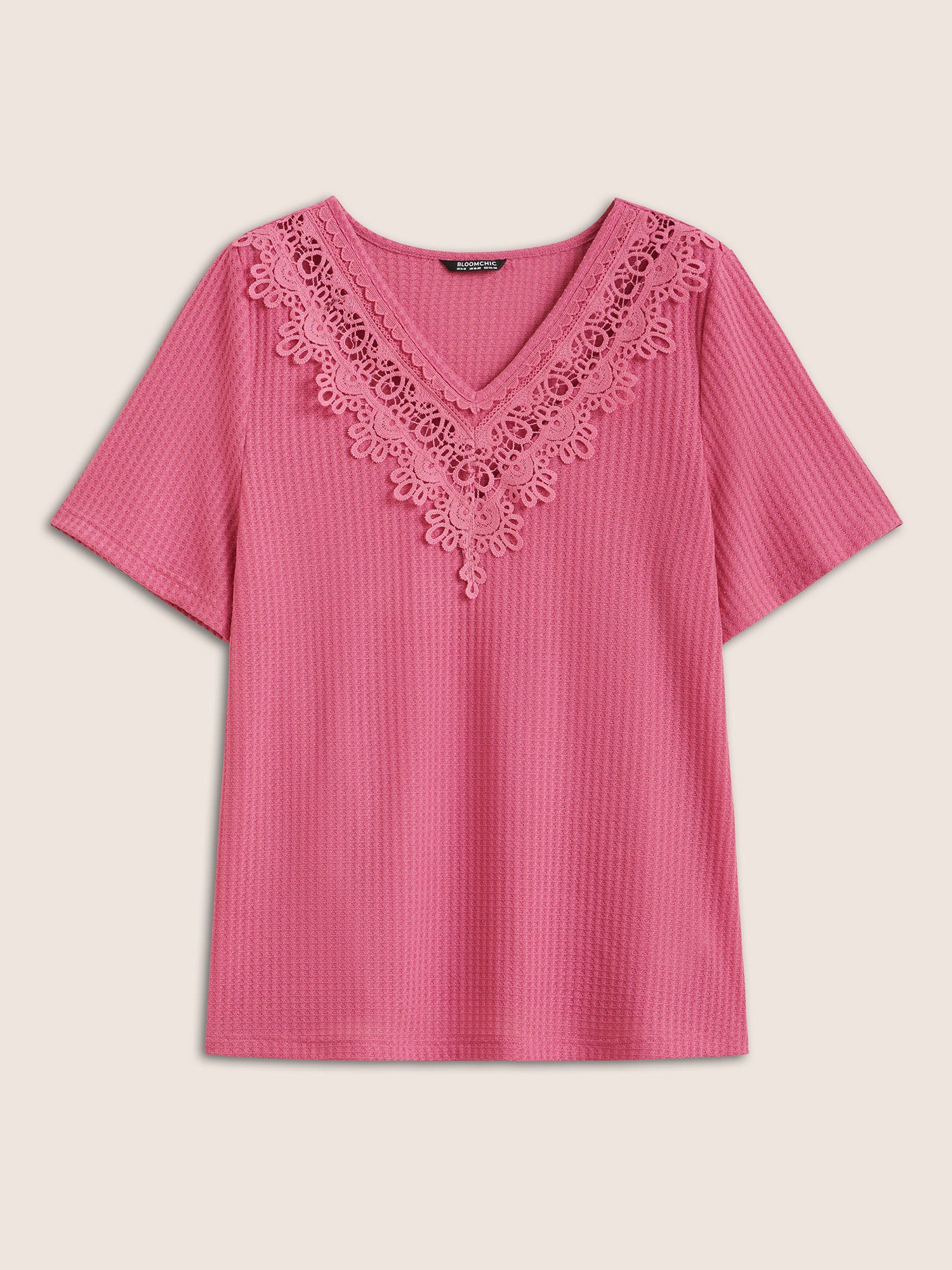 Solid Waffle Knit Lace Panel T-shirt Solid Waffle Knit Lace Panel T-shirt