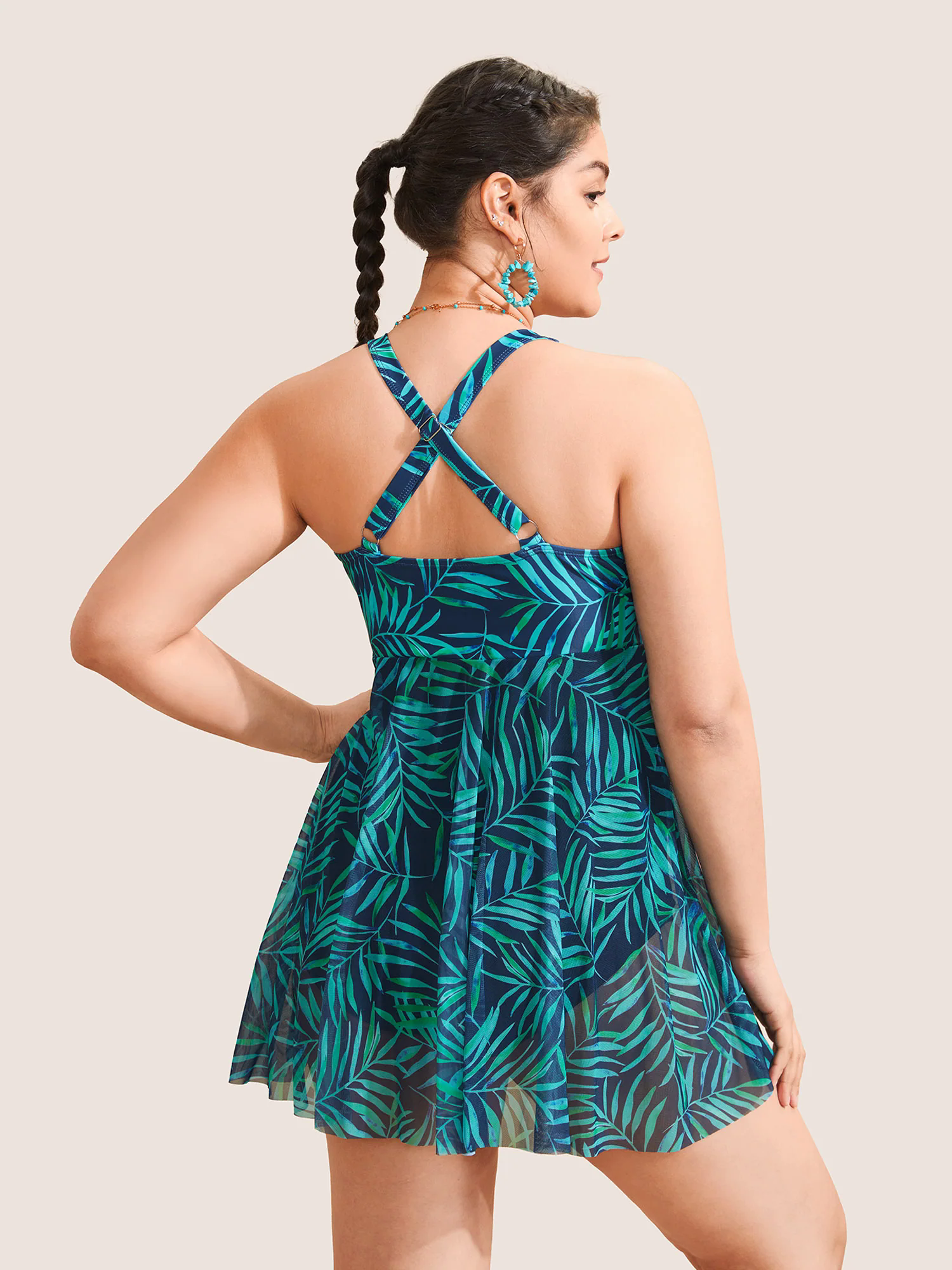 Tropical Plant Print Drawstring Swim Dress Tropical Plant Print Drawstring Swim Dress