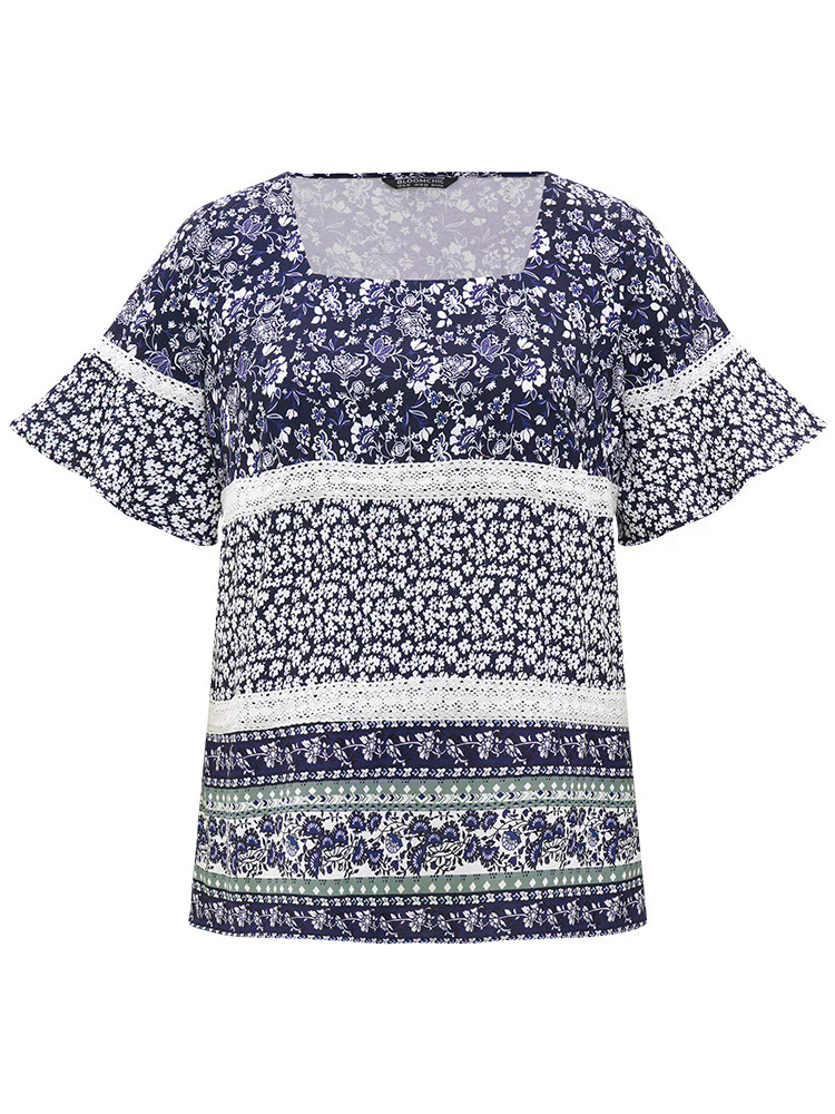 Ditsy Floral Patchwork Square Neck Flutter Sleeve Blouse Ditsy Floral Patchwork Square Neck Flutter Sleeve Blouse