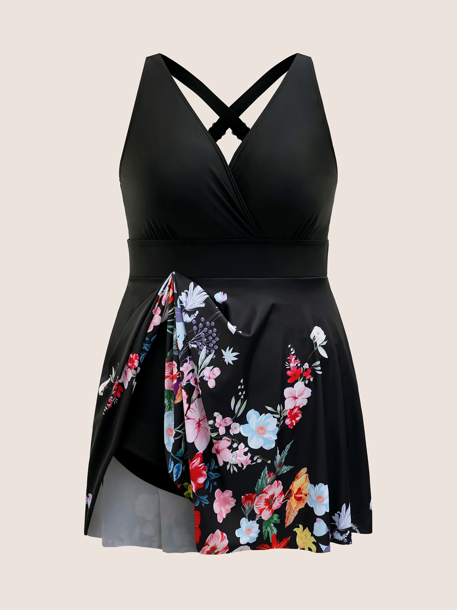 Overlap Collar Natural Flowers Gathered Swim Dress Overlap Collar Natural Flowers Gathered Swim Dress