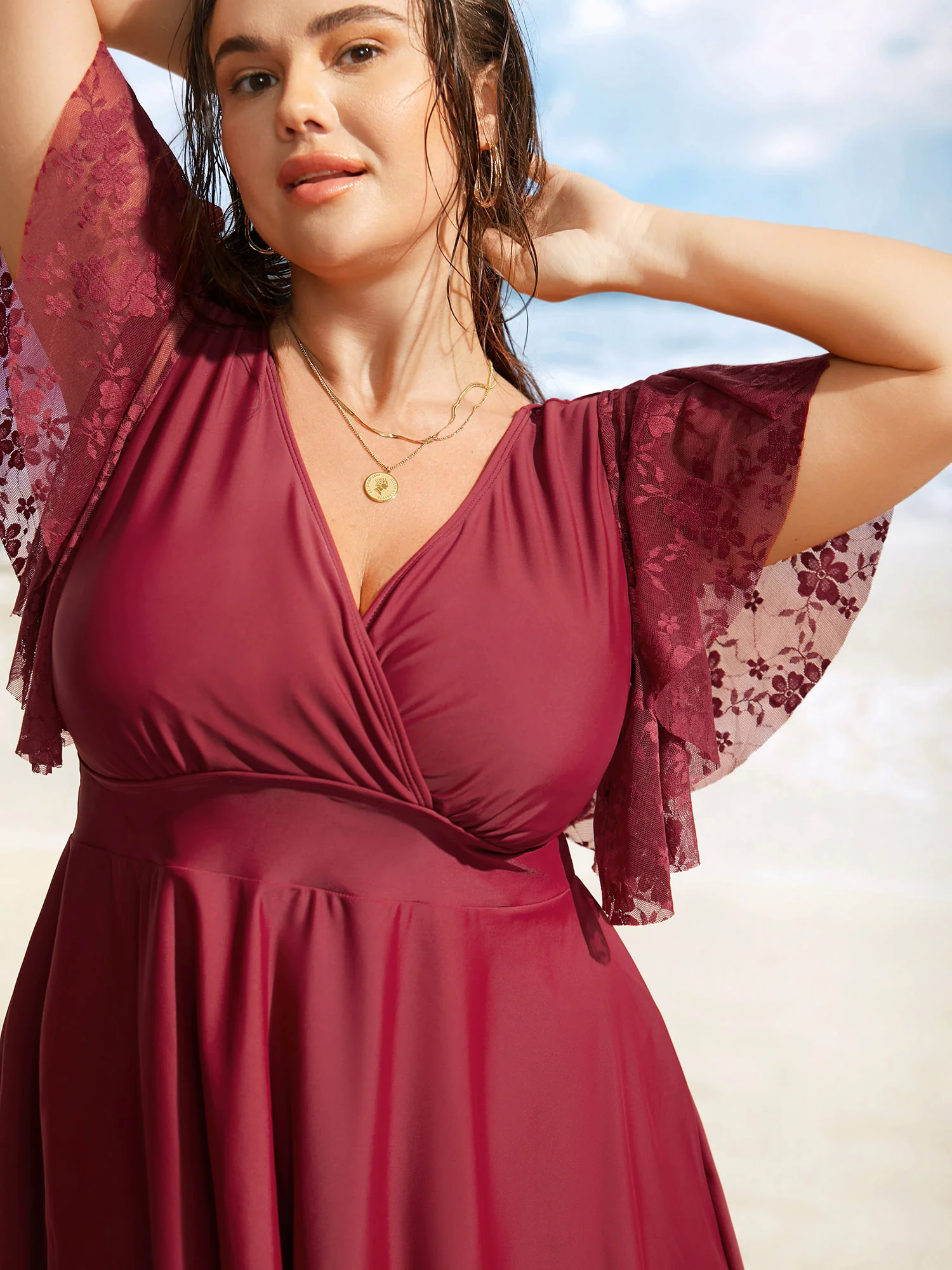 Solid Overlap Collar Lace Patchwork Gathered Swim Dress Solid Overlap Collar Lace Patchwork Gathered Swim Dress