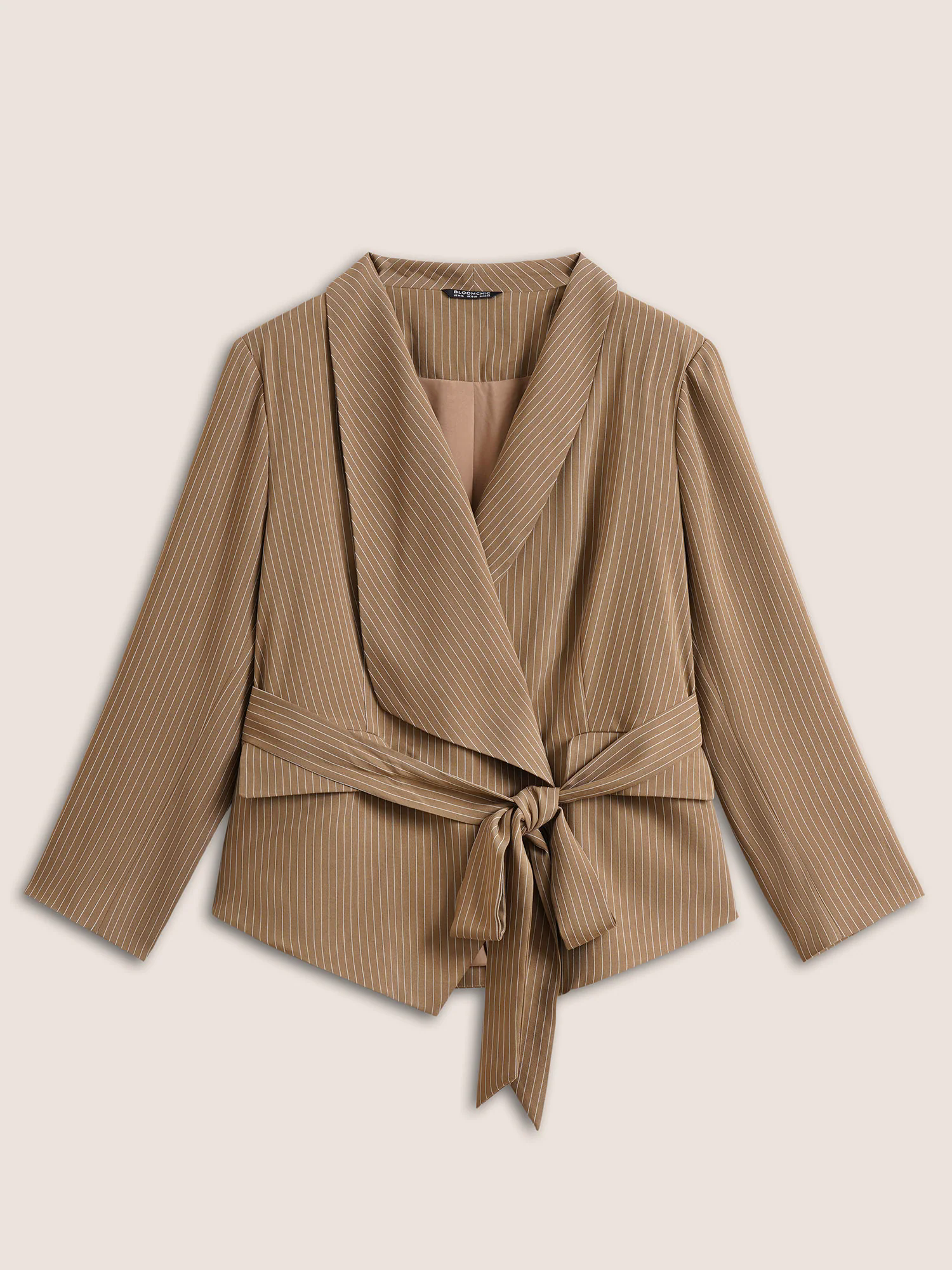 Striped Asymmetrical Hem Belted Flap Pocket Blazer Striped Asymmetrical Hem Belted Flap Pocket Blazer