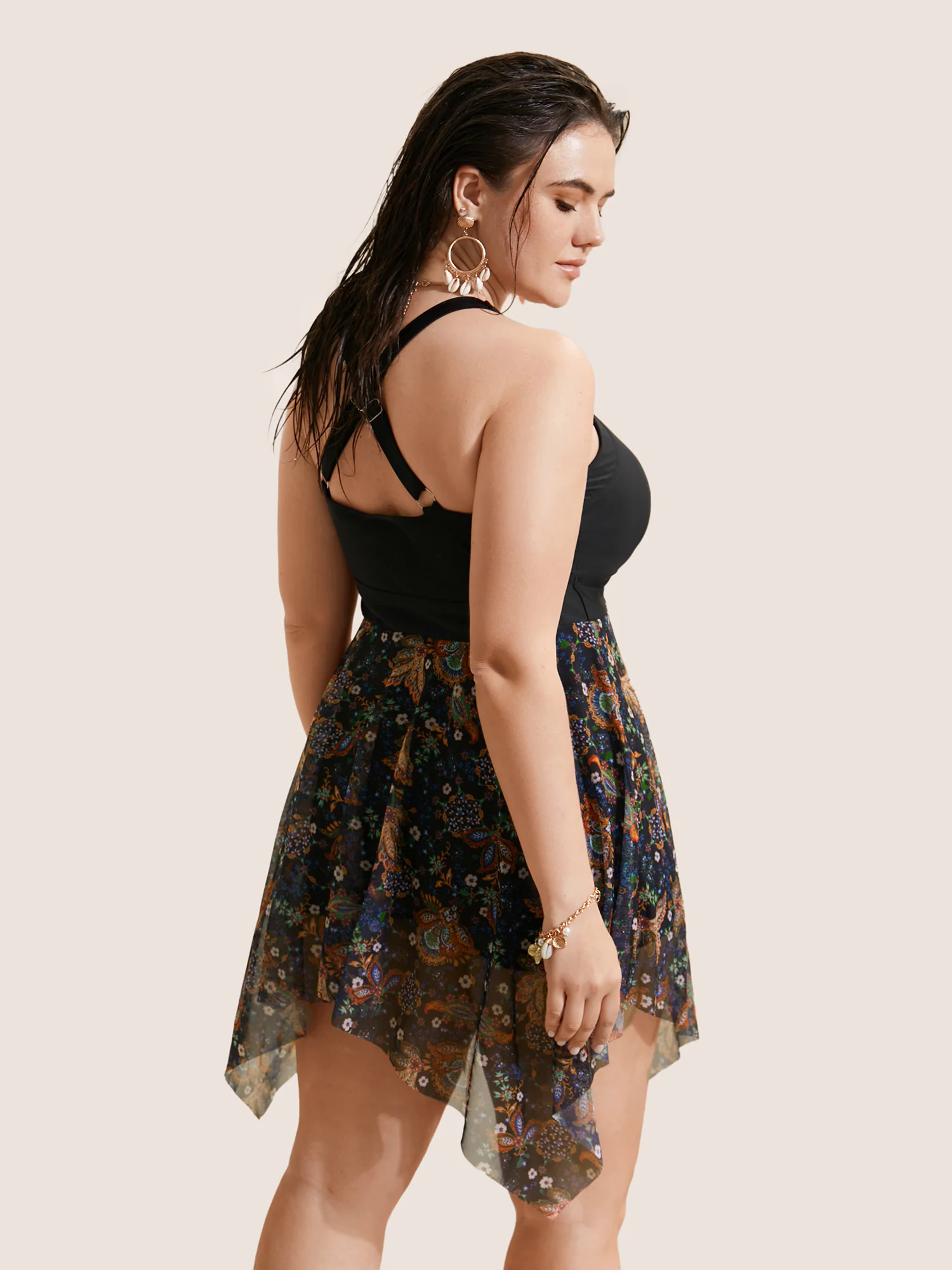Patchwork Ruched Knot Asymmetrical Hem Swim Dress Patchwork Ruched Knot Asymmetrical Hem Swim Dress