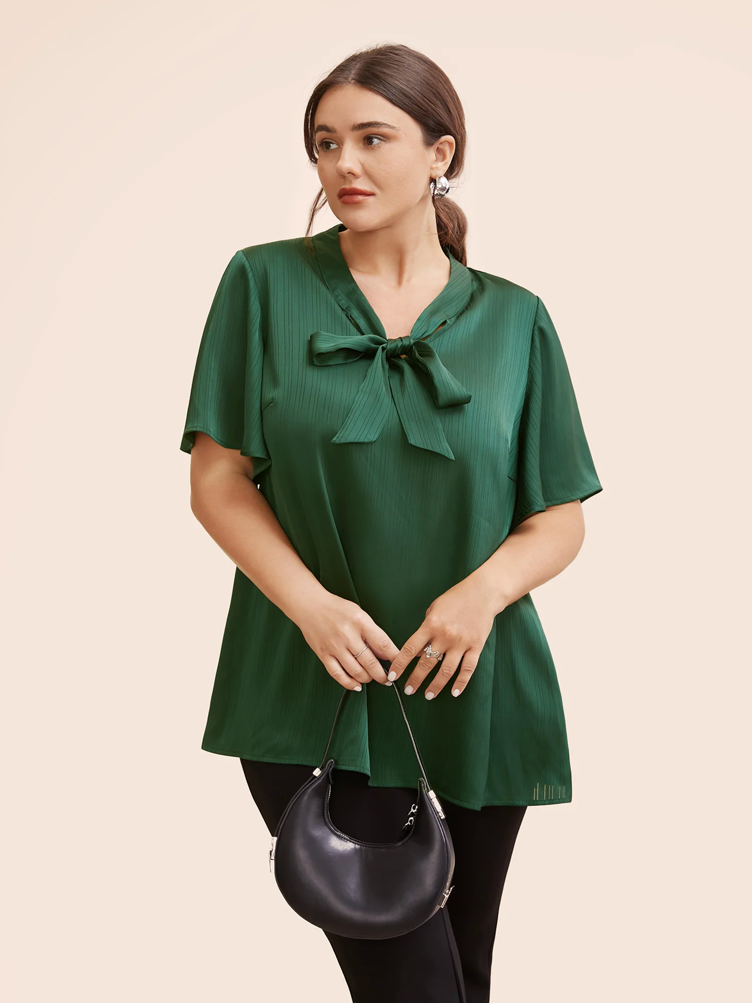 Plain Knot Neck Ruffle Sleeve Blouse