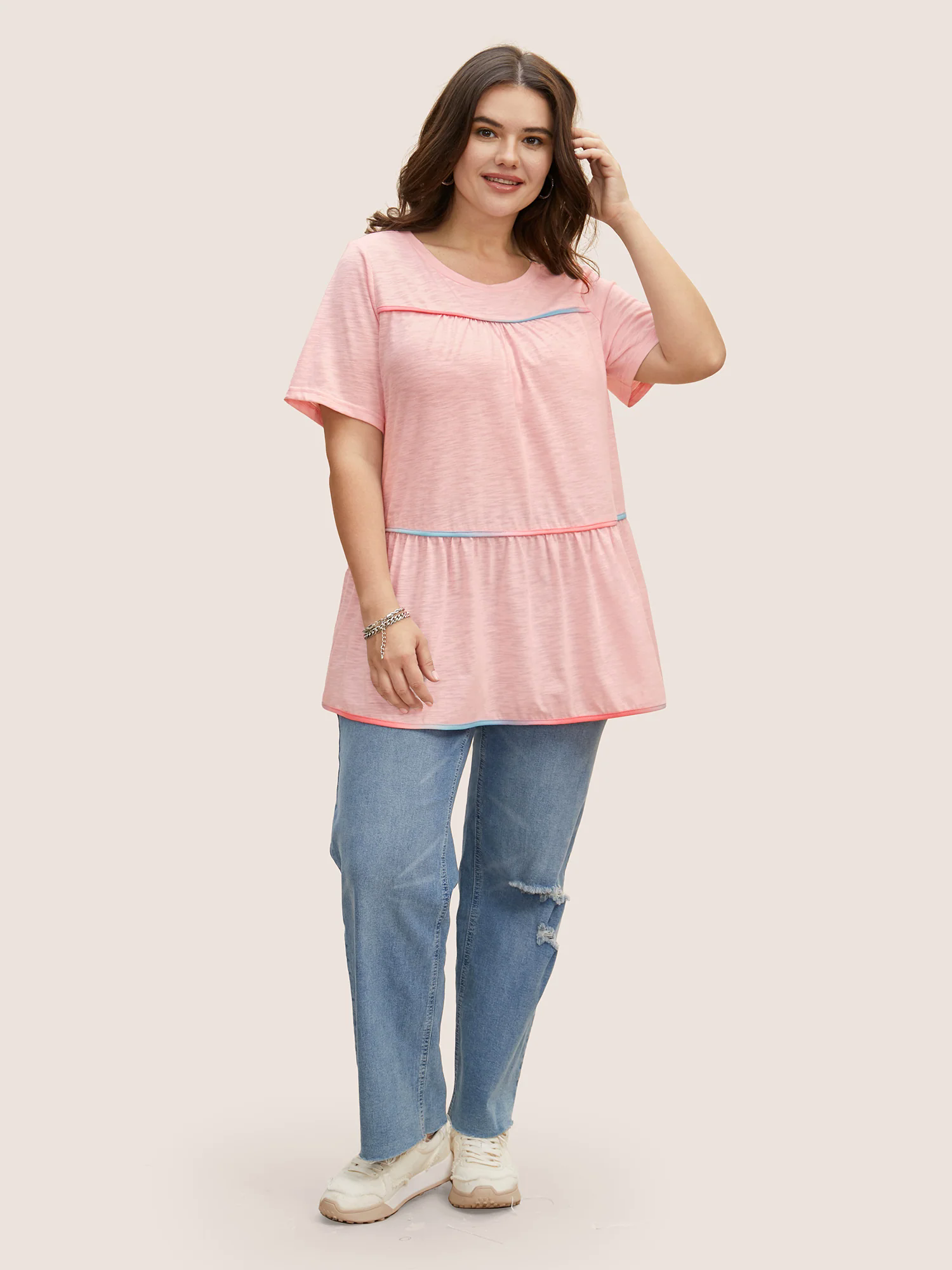 Round Neck Contrast Tucked Seam Ruffles T-shirt