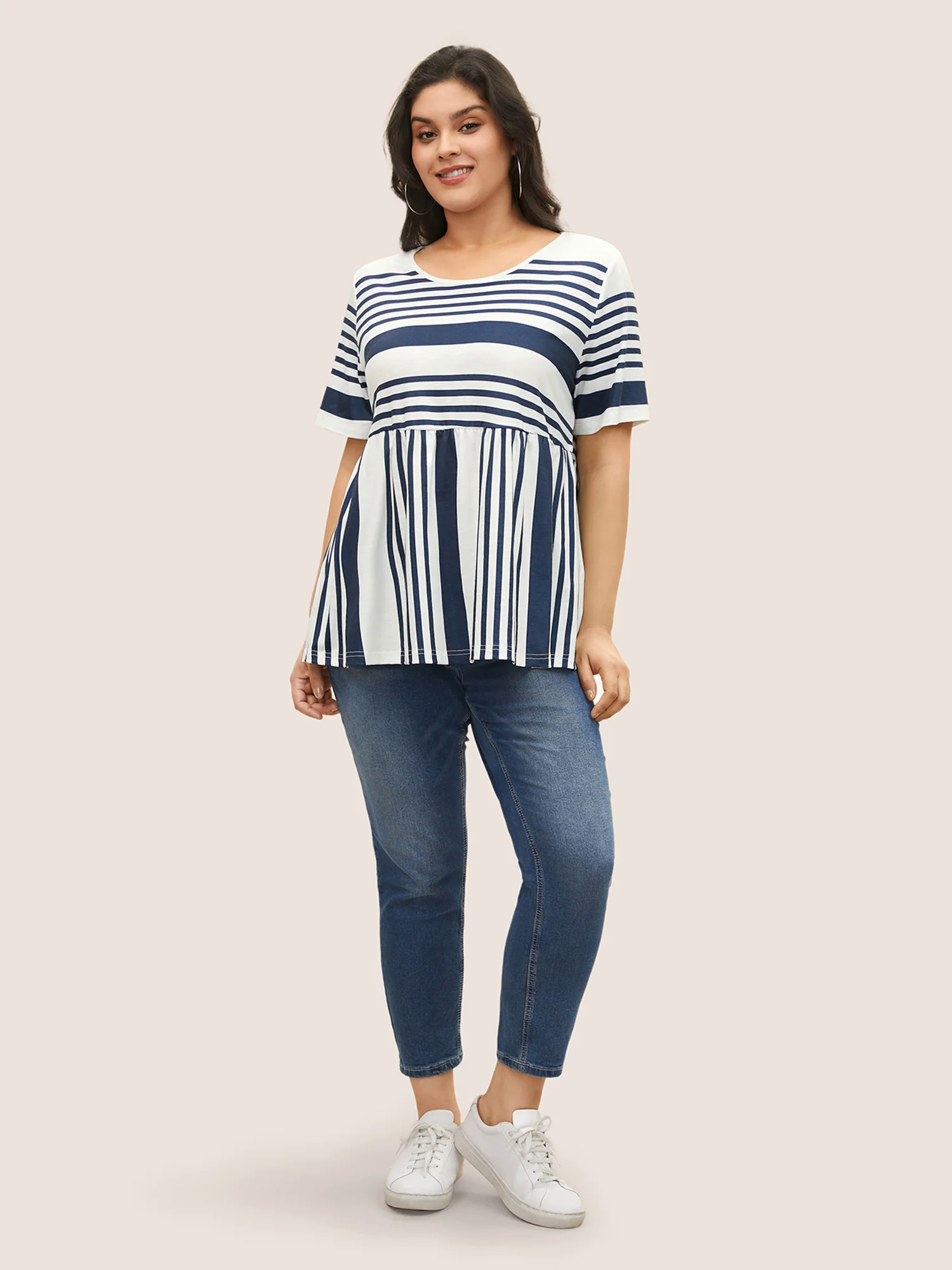 Striped Print Elastic Waist Round Neck T-shirt Striped Print Elastic Waist Round Neck T-shirt