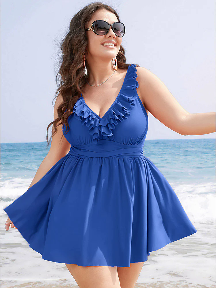 Ruffle Trim Adjustable Straps Gathered Sculpt Waist Swim Dress Ruffle Trim Adjustable Straps Gathered Sculpt Waist Swim Dress