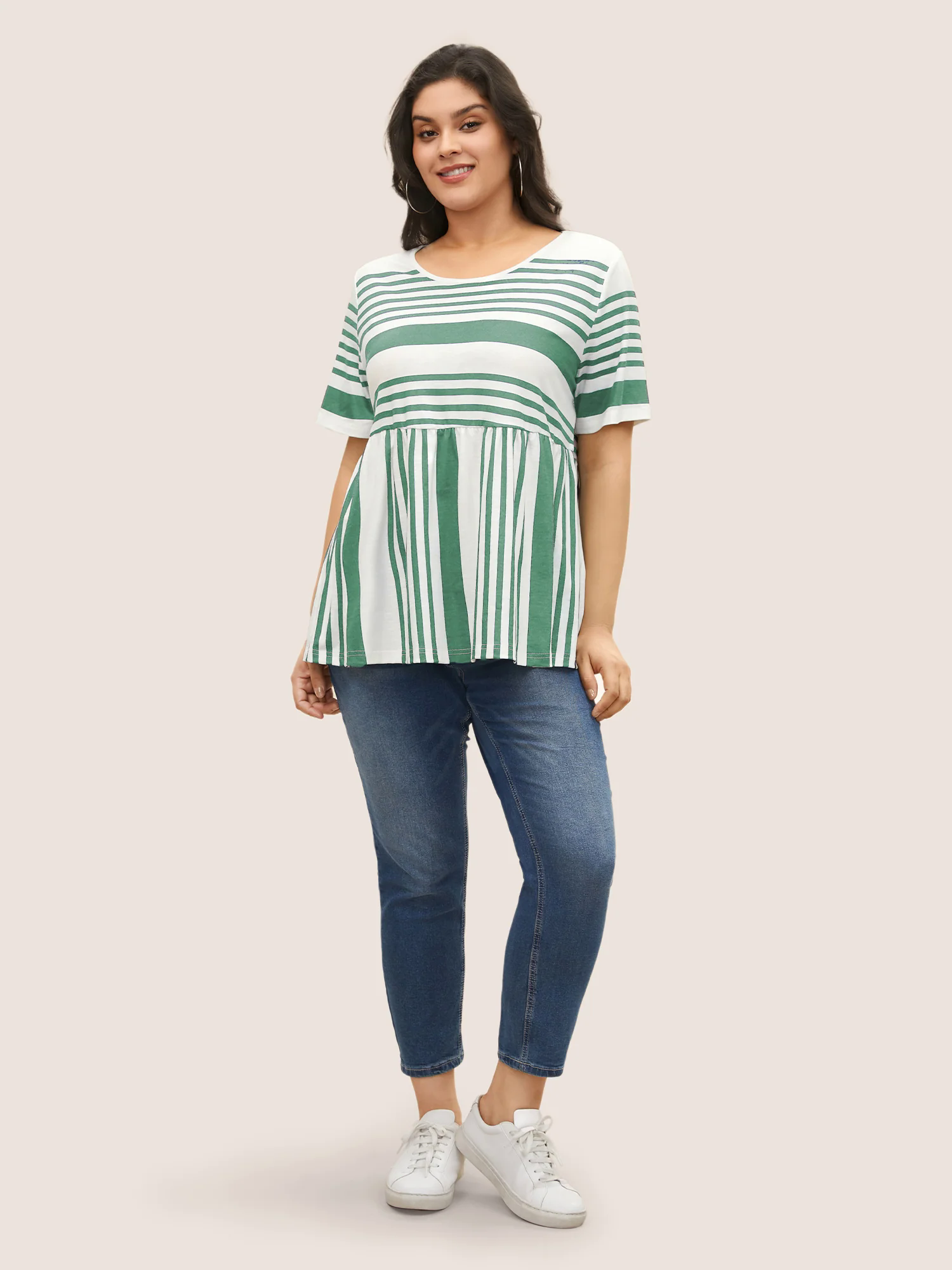 Striped Print Elastic Waist Round Neck T-shirt Striped Print Elastic Waist Round Neck T-shirt
