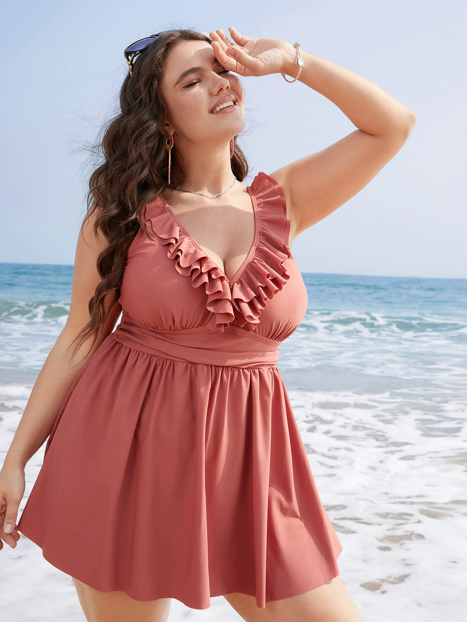 Ruffle Trim Adjustable Straps Gathered Sculpt Waist Swim Dress Ruffle Trim Adjustable Straps Gathered Sculpt Waist Swim Dress
