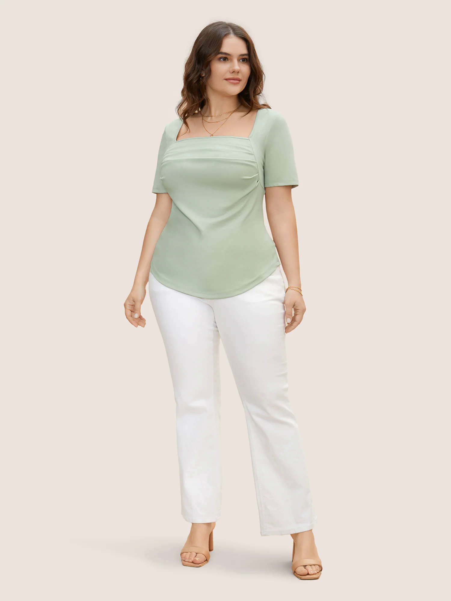 Square Neck Curved Hem Pleated T-shirt Square Neck Curved Hem Pleated T-shirt