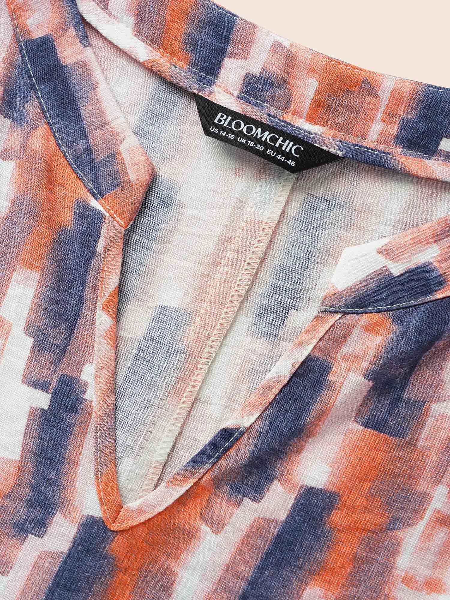 Brush Print Shirred Split Neck Blouse