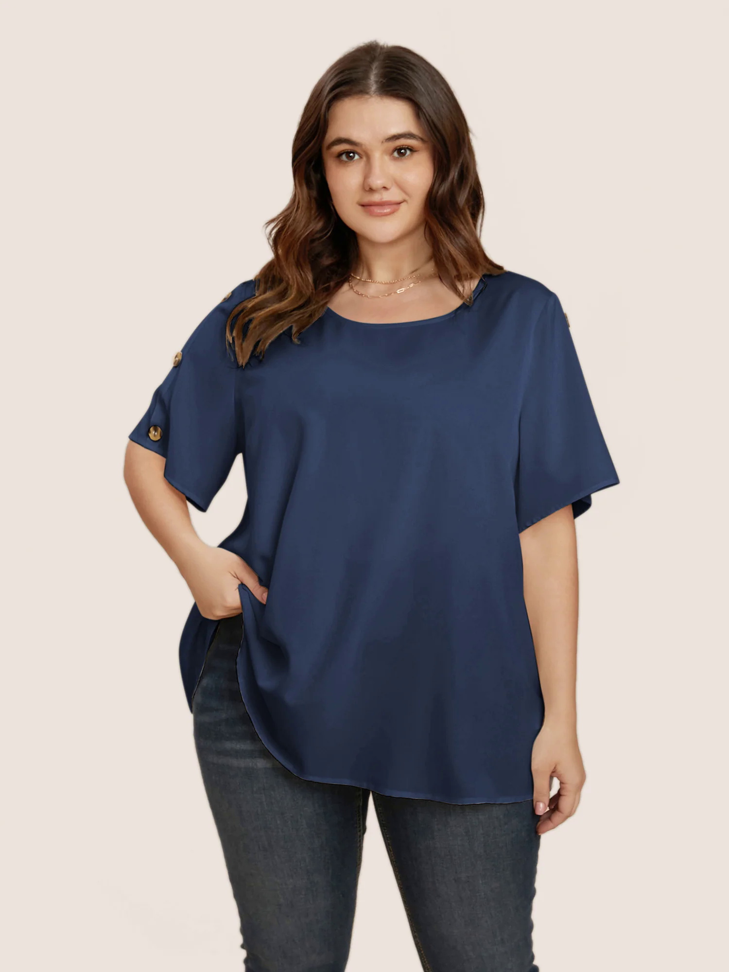 Plain Round Neck Button Detail Blouse